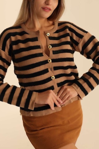 Vioshine Kadın Oversize Çizgili Düğmeli Hırka-kahve Kahverengi