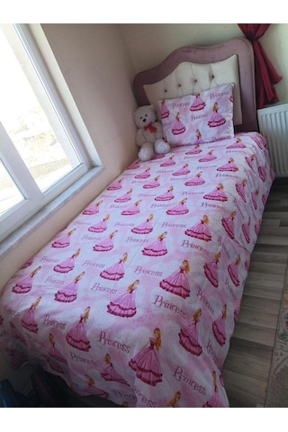 Lionas Tek Kişilik Nevresim Takımı Kız Çocuk Ranforce Pamuklu Prenses Desenli 155x230 Cm Açık Pembe