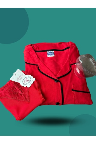 Akbeniz Kadın Pijama Takımı + Yılbaşı Özel Kalp Kutulu Slip 2'li Set 20244-kırmızı Kırmızı
