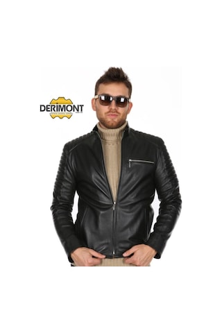 Deriwork Hakiki Kuzu Derisi Fermuarlı Siyah Üç Cepli Spor Erkek Deri Ceket Siyah
