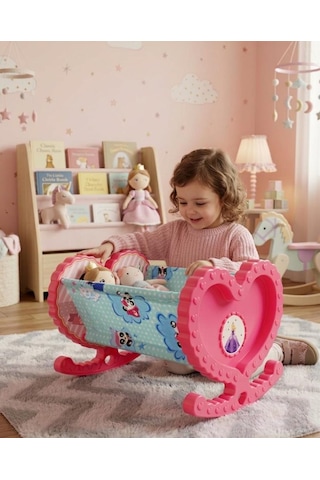 Sallanabilir Prenses Kalp Figürlü Oyuncak Bebek Beşiği Evcilik Oyun Seti
