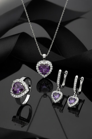 925 Ayar Ametist Taşlı Rodyum Pırlanta Işıltılı Kalp 3'lü Gümüş Set-takım Ayarlanabilir Rs10053 Gümüş