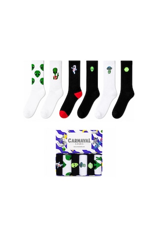 Carnaval Socks Uzaylı Nakışlı 6'lı Kutulu Çorap Seti Siyah Beyaz Tenis 2000386