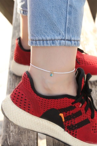 Moco Nazar Boncuğu Tasarımlı Beyaz Boncuk Detaylı Halhal Çok Renkli