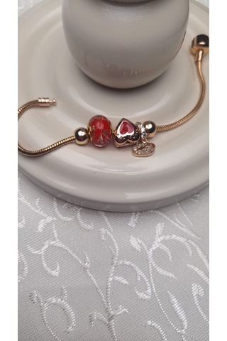 Uzel Xuping Gold Altın Renk Kırmızı Kap, Kırmızı Boncuklu, Taşlı Kalp Charmlı Çelik Bileklik Kırmızı