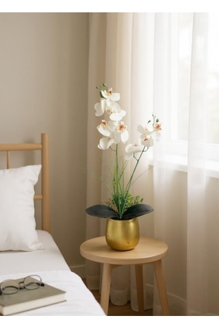 Yapay Çiçek Beyaz Islak Orkide Gold Metal Saksıda Saksıda Orkide 50cm