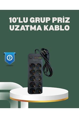 Termal Koruma Sistemli Usb Type-c 10 Lu Grup Priz 2m 2500w Güç Kapasiteli 1