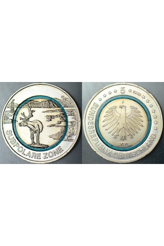 Almanya 5 Euro 2020 F Hatıra-subpolar Zone-ren Geyiği. Şeffaf Mavi Halkalı. Çil.