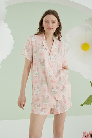 Nbb Kadın Pembe Rabbit Önden Düğmeli Şortlu Pijama Takım