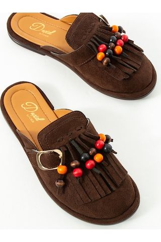 Duxal Shoes Hazel Kadın Süet Püsküllü Boncuklu Tokalı Terlik Mulo Acıkahve