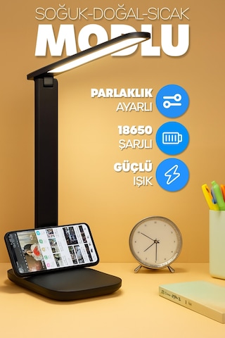 Şarjlı Masa Lambası 3 Renk Dokunmatik Telefon Standlı Kademeli Çalışma Okuma Işığı Lambası 9w Siyah Siyah