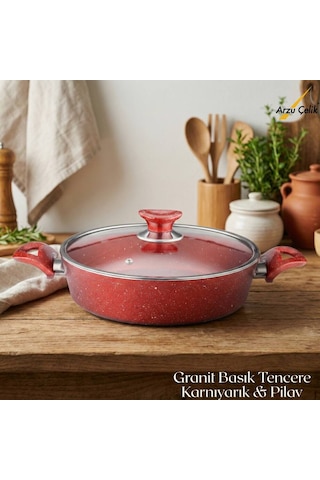 26 Cm Granit Karnıyarık & Pilav Tenceresi Cam Kapak - Kırmızı Kırmızı