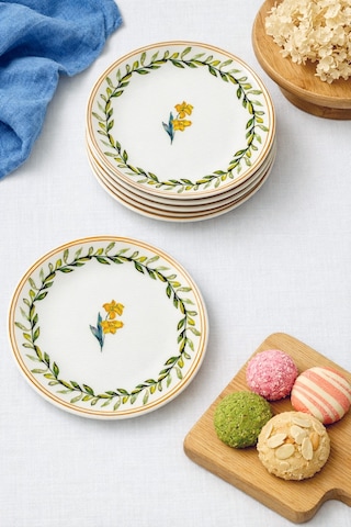 Grandora Zarif Yeşil Desenli 6'lı 20 Cm Pasta, Tatlı Ve Sunum Tabağı, Modern Şık Kaliteli Pasta Tabağı Beyaz