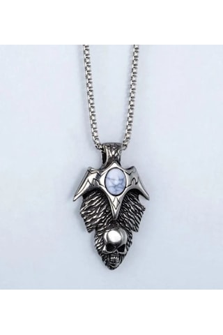 Paslanmaz Çelik Turkuaz Taş Detaylı Haç Kurukafa Kolye