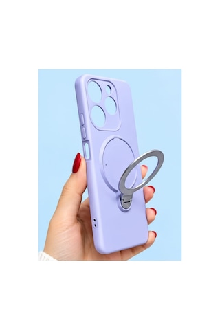 İnfinix Spark 10 Pro İle Uyumlu 360 Derece Dönebilen Kalın Metal Magsafe Halka Stantlı İçi Kadife Korumalı Ultra Lüx Premium Silikon Kılıf Lila