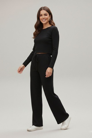 Fit Women Çizgi Likralı Kayık Yaka Alt Üst Takım 4443 Siyah