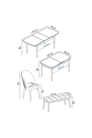 Milas Meşe Desen 80x132 Mdf Açılabilir Mutfak Masası Takımı 4 Sandalye, 1 Bench Gri