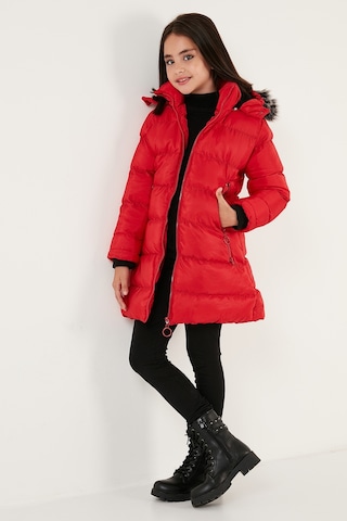 Lela Peluş Astarlı Yakası Suni Kürklü Çıkarılabilir Kapüşonlu Kışlık Kız Çocuk Mont 5766038 Kırmızı
