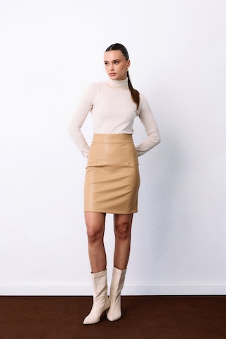 Sateen Şardonlu Deri Etek - Bej-135487 Bej