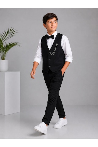 Classics Men Erkek Çocuk Smokin Takım Elbise Yelekli Papyonlu Siyah