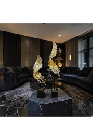 Olden Feather Metal Dekoratif Obje Modern Lüks Tüy Tasarım Masa Üstü Ev & Ofis Aksesuarı