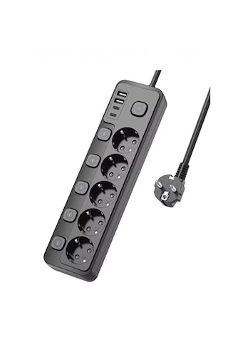 5 Li Priz + 2 Usb-a 2 Usb-c Çoklu Priz Bireysel Anahtarlı Akım Korumalı 2 Metre Kablo Hızlı Şarjlı Uzatma Kablosu 2 M