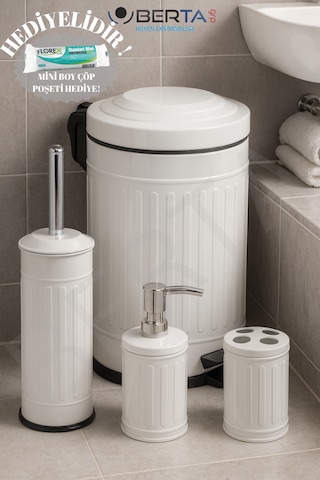 Vintage Dörtlü Siyah Banyo Seti Çöp Kovası Tuvalet Fırçası Diş Fırçalık Sıvı Sabunluk Metal Beyaz