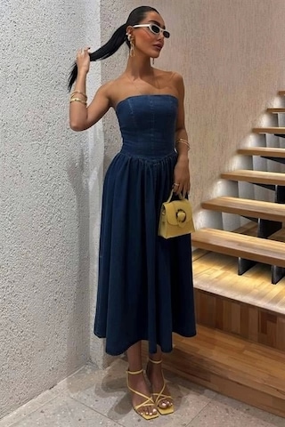 Defymoda Beli Pileli Straplez Denim Elbise 2886 Denim