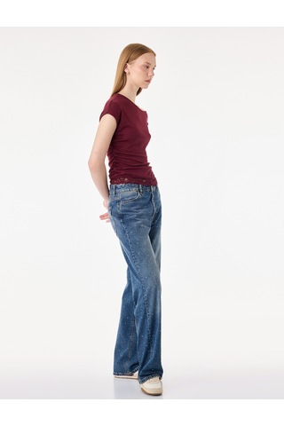 Koton Dantel Detaylı Asimetrik Bisiklet Yaka Slim Fit Kısa Kollu Tişört Bordo 7wal10347ık