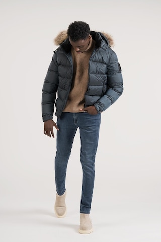 Slimfit Kürklü Kapşonlu Kürk Ve Kapşon Çıkmalı Beli Lastikli Şişme Mont Petrol Mavisi