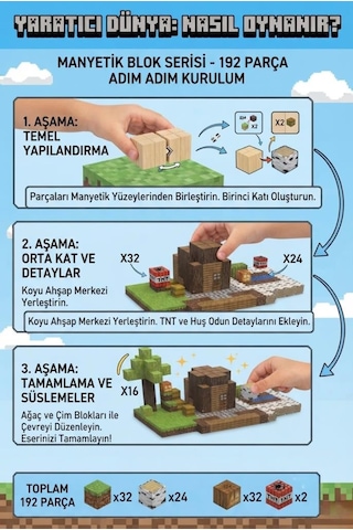 Creative World Serisi 192 Parça Eğitici Ve Eğlenceli Manyetik Yapı Bloğu Oyun Seti