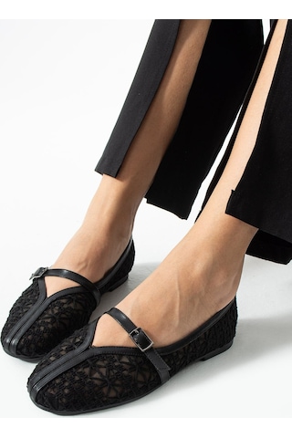 Dabab Shoes Marvena Kadın Siyah Çapraz Bantlı Dantel Detaylı Şeffaf Dokulu Babet