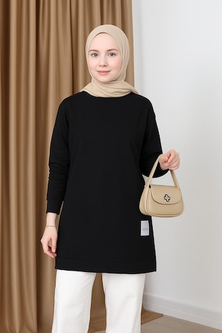 Unika Boutique Kadın Bisiklet Yaka Tesettür Yırtmaçlı Armalı Tunik Sweat Sweatshirt Siyah