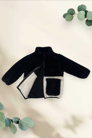 Kız Çocuk Peluş Siyah Ekru Cepli Fermuarlı Welsoft Kışlık Mont Siyah