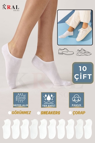 Kral Socks Kadın Pamuklu Terletmez 10'lu - 10 Çift Yazlık Görünmez Çorap Beyaz