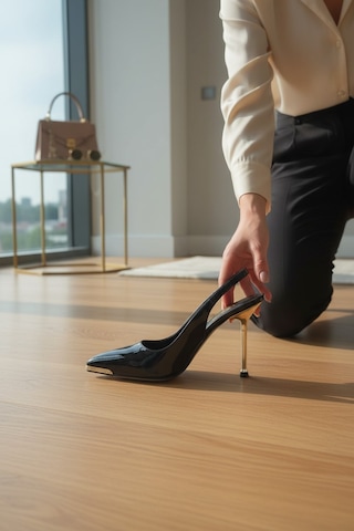Enoch Kadın Sivri Burun Metal Detaylı İnce Yüksek Topuklu Arkası Açık Stiletto Siyah