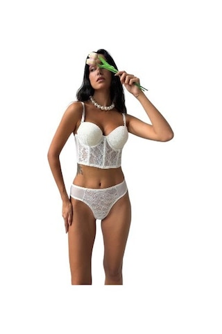 Onsekiz18shop Destekli Taşlı Tül Beyaz Parıltılı Çiçekli Beyaz Büstiyer Takım