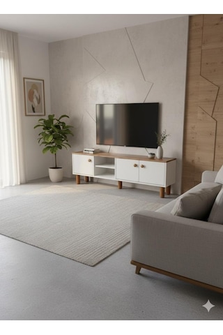Sezer Tv Ünitesi 3 Kapaklı Tv Ünitesi Salon Mobilyası Beyaz - Meşe
