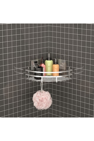 Teknotel Yapışkanlı Kancalı Banyo Köşe Rafı Silver St107H Gümüş