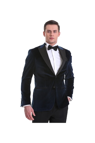 Hatemoğlu Lacivert Slim Fit Düz Sivri Yaka Kadife Klasik Smokin Damatlık 3 Lacivert
