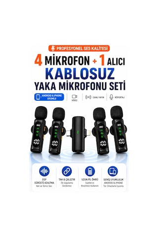 Yaka Mikrofonu Kablosuz 4 Adet Tüylü İphone Type-c Pc Tablet Video Kayıt Vlog Lightning Usb-c Çıkış Mikrofon