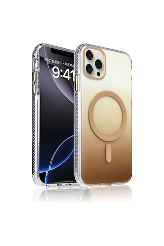 Zore İphone 14 Pro Max Kılıf M-safe Şarj Özellikli Transparan Renk Geçişli Nvth Toros Kapak - Gold Altın