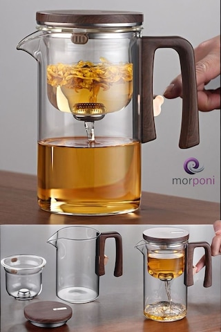 Qerhome Borosilikat Cam Ahşap Kapak Ve Sap Detaylı Mıknatıs Özellikli Lüks Bitki Çayı Demliği Ve 2 Adet Kupa 350 Ml Şeffaf