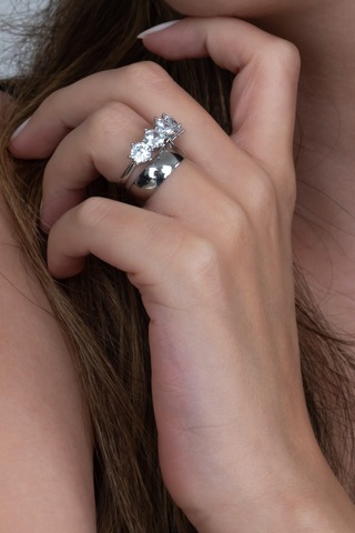 Takı Dükkanı Rodyum Kaplama 6mm Gümüş Alyans Ve Gümüş Beştaş Yüzük Seti Wsr121