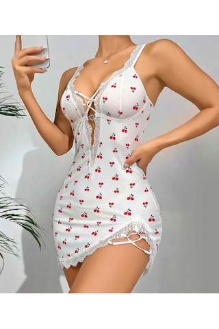 Kiraz Desenli Dantel Kenarlı Seksi Gecelik Çok Renkli