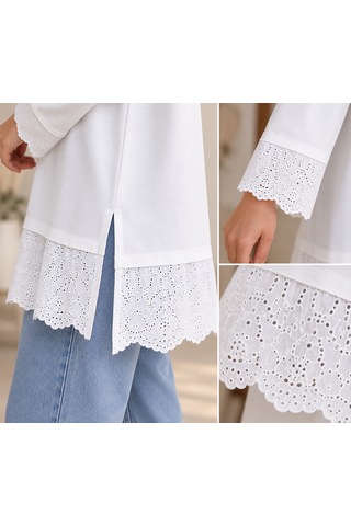 Aymiraa Kadın Dantel Detaylı Uzun Tunik Tesettür Sweatshirt Bisiklet Yaka Rahat Kesim Beyaz