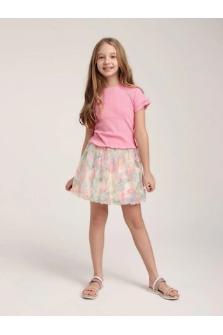 Kız Çocuk Bel Lastikli Tül Çiçek Desenli Balon Etek-15619 Çok Renkli