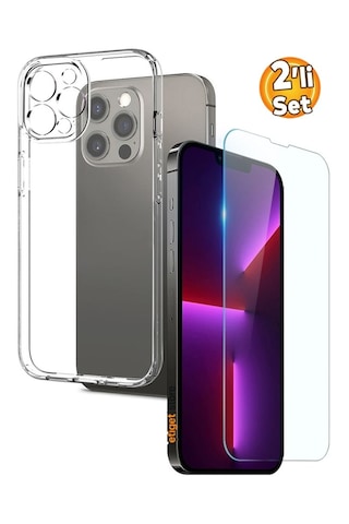 Apple Uyumlu iPhone 13 Pro Max Şeffaf Kılıf + Cam Ekran Koruyucu Seti