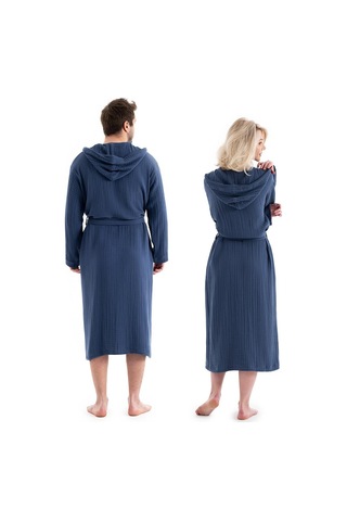 Unisex Kapşonlu 4 Kat Müslin Bornoz - Lacivert