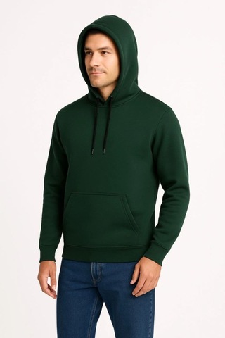 Erkek 3 İplik Pamuklu Kapüşonlu Kanguru Cepli Sweatshirt Hoodie - Haki